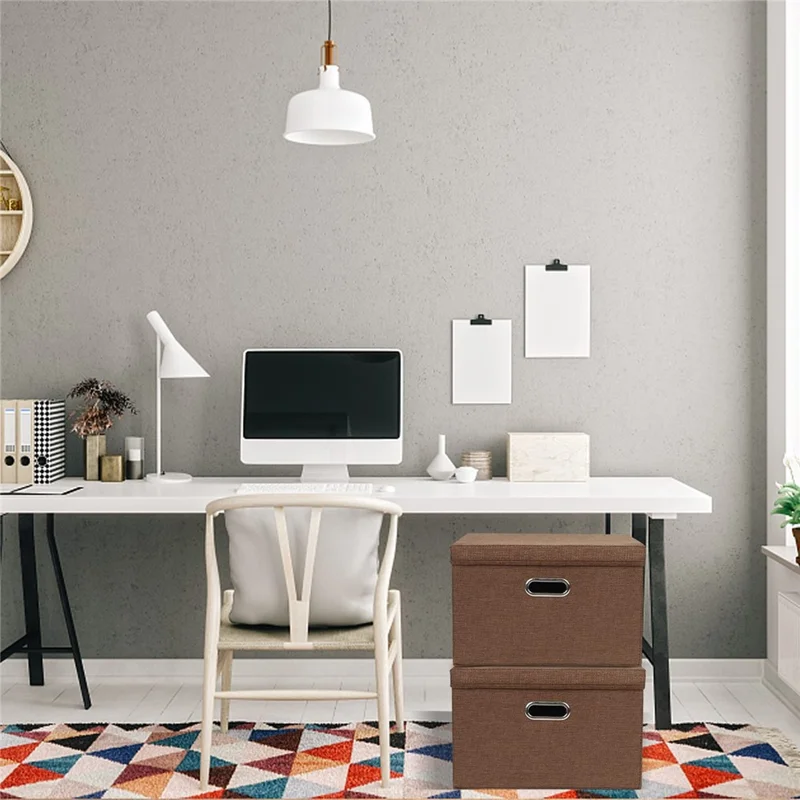 Cotton Linen Foldable Storage Box with Lid Medium Size 37 x 27 x 26cm Organizer Container for Home Use - Coffee