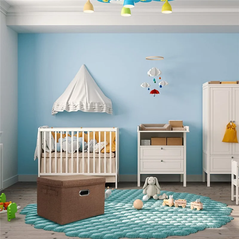 Cotton Linen Foldable Storage Box with Lid Medium Size 37 x 27 x 26cm Organizer Container for Home Use - Coffee