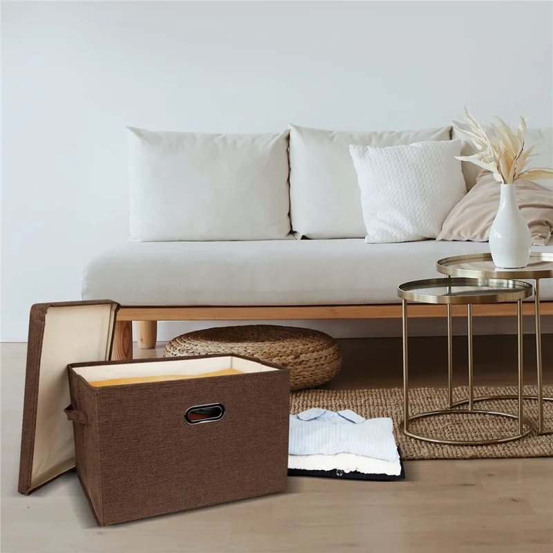 Cotton Linen Foldable Storage Box with Lid Medium Size 37 x 27 x 26cm Organizer Container for Home Use - Coffee