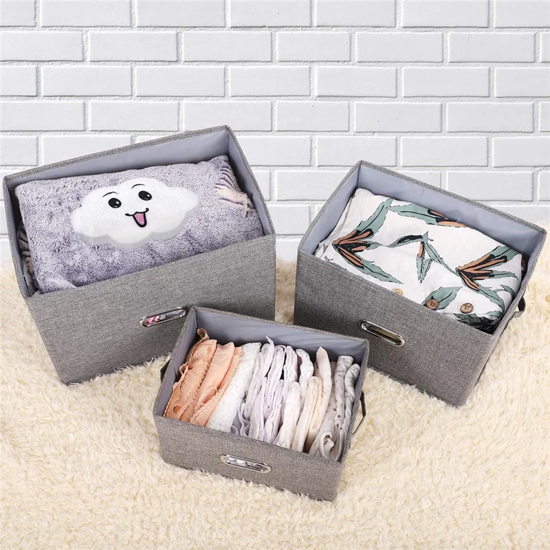 Cotton Linen Foldable Storage Box with Lid Medium Size 37 x 27 x 26cm Organizer Container for Home Use - Coffee