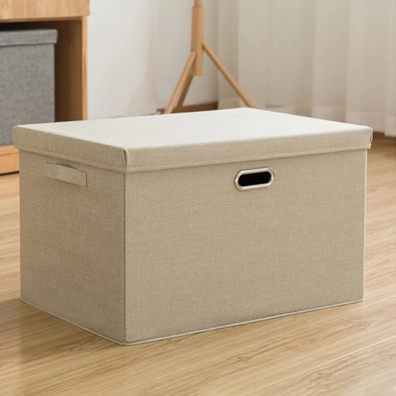 32 x 24 x 18cm Cotton Linen Fabric Storage Box with Lid Foldable Organizer Container for Clothes Toys - Beige