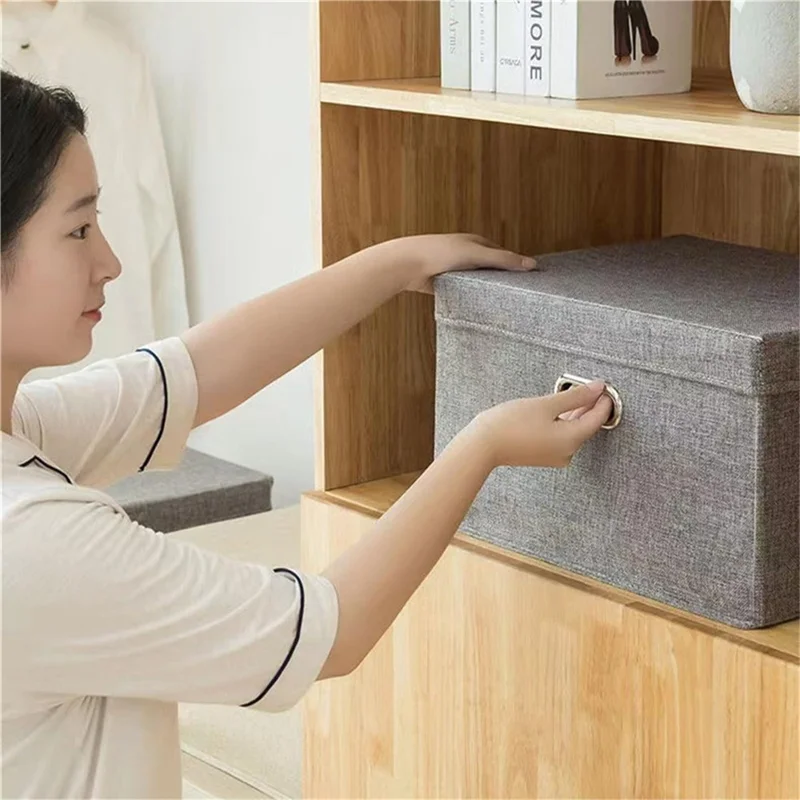 32 x 24 x 18cm Cotton Linen Fabric Storage Box with Lid Foldable Organizer Container for Clothes Toys - Beige