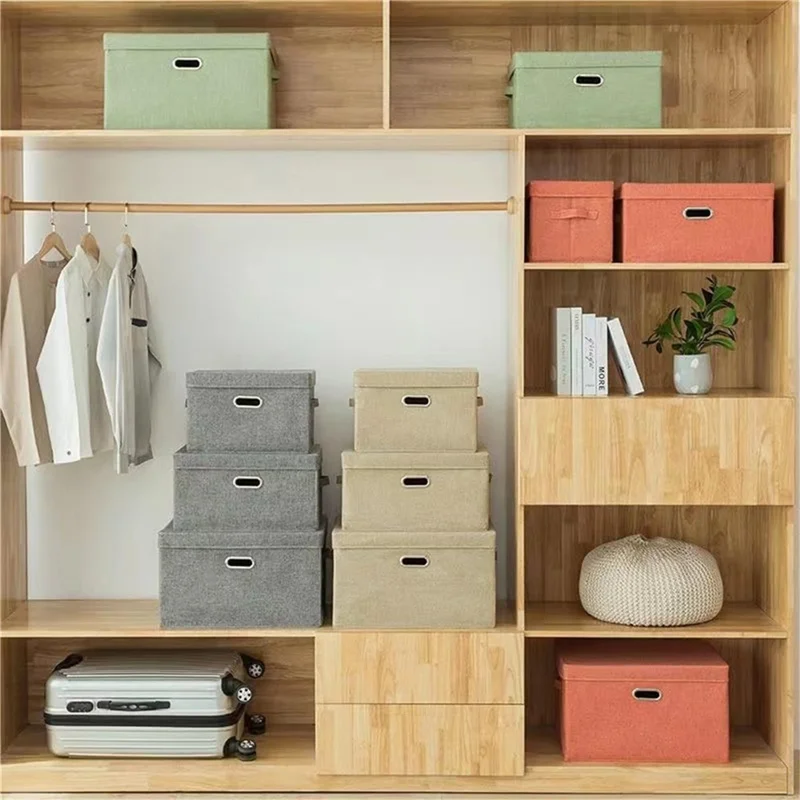 32 x 24 x 18cm Cotton Linen Fabric Storage Box with Lid Foldable Organizer Container for Clothes Toys - Beige