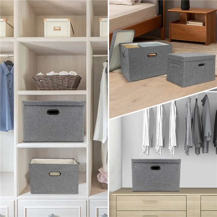 32 x 24 x 18cm Cotton Linen Fabric Storage Box with Lid Foldable Organizer Container for Clothes Toys - Black