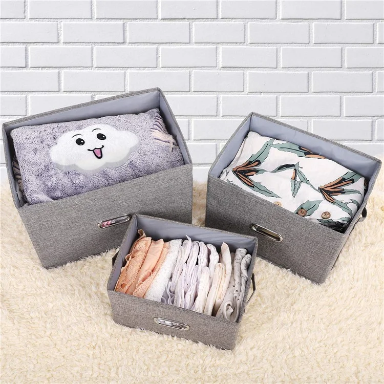 32 x 24 x 18cm Cotton Linen Fabric Storage Box with Lid Foldable Organizer Container for Clothes Toys - Black