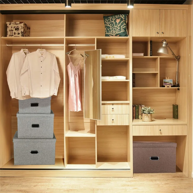 Cotton Linen Foldable Storage Box with Lid Large Size 44 x 30 x 29cm Organizer Container for Home Use - Beige