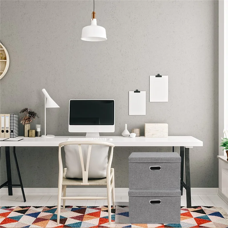 Cotton Linen Foldable Storage Box with Lid Large Size 44 x 30 x 29cm Organizer Container for Home Use - Beige