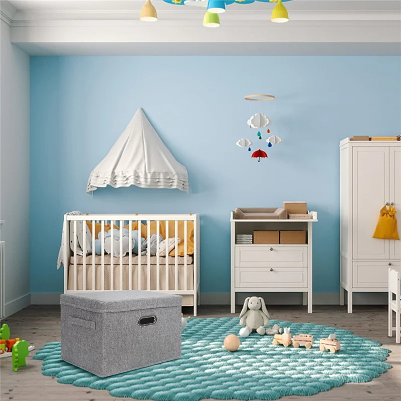 Cotton Linen Foldable Storage Box with Lid Large Size 44 x 30 x 29cm Organizer Container for Home Use - Beige