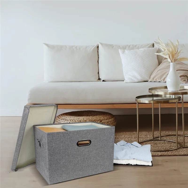 Cotton Linen Foldable Storage Box with Lid Large Size 44 x 30 x 29cm Organizer Container for Home Use - Beige