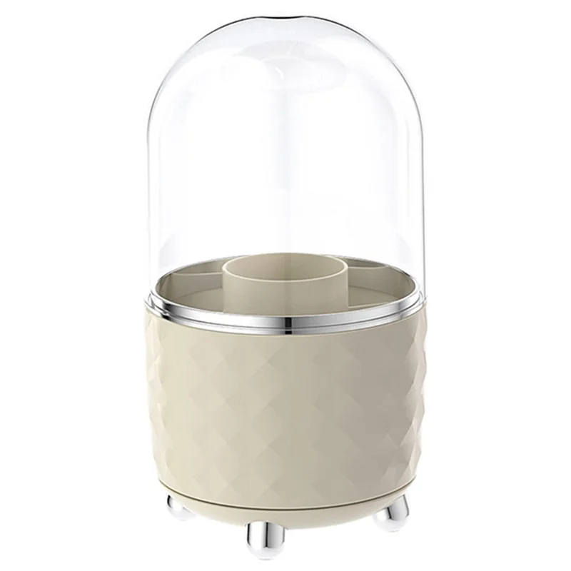 Rotating Makeup Organizer with Lid PET Cosmetic Storage Box Anti-Dust Vanity Holder - Milk White+Silver