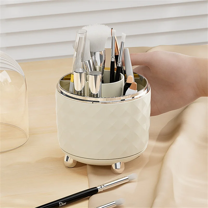 Rotating Makeup Organizer with Lid PET Cosmetic Storage Box Anti-Dust Vanity Holder - Milk White+Silver