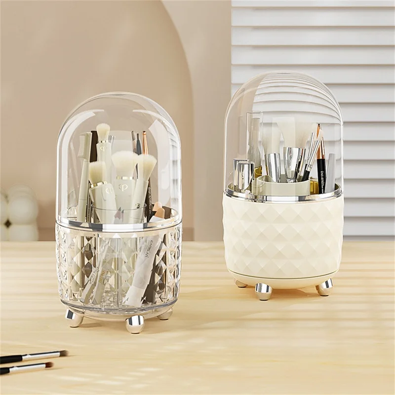 Rotating Makeup Organizer with Lid PET Cosmetic Storage Box Anti-Dust Vanity Holder - Milk White+Silver