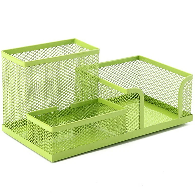 3 Compartments Metal Mesh Desk Organizer Pen Holder Multifunction Storage Box for Office Home School - Green
