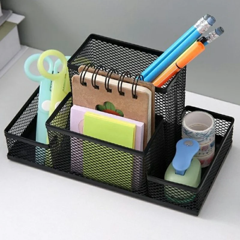 3 Compartments Metal Mesh Desk Organizer Pen Holder Multifunction Storage Box for Office Home School - Green