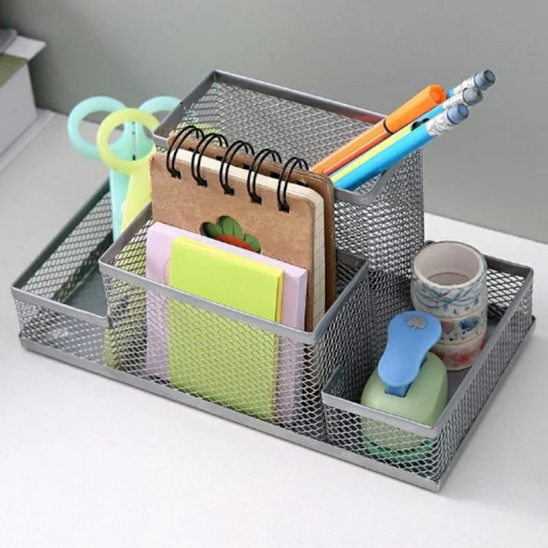 3 Compartments Metal Mesh Desk Organizer Pen Holder Multifunction Storage Box for Office Home School - Green