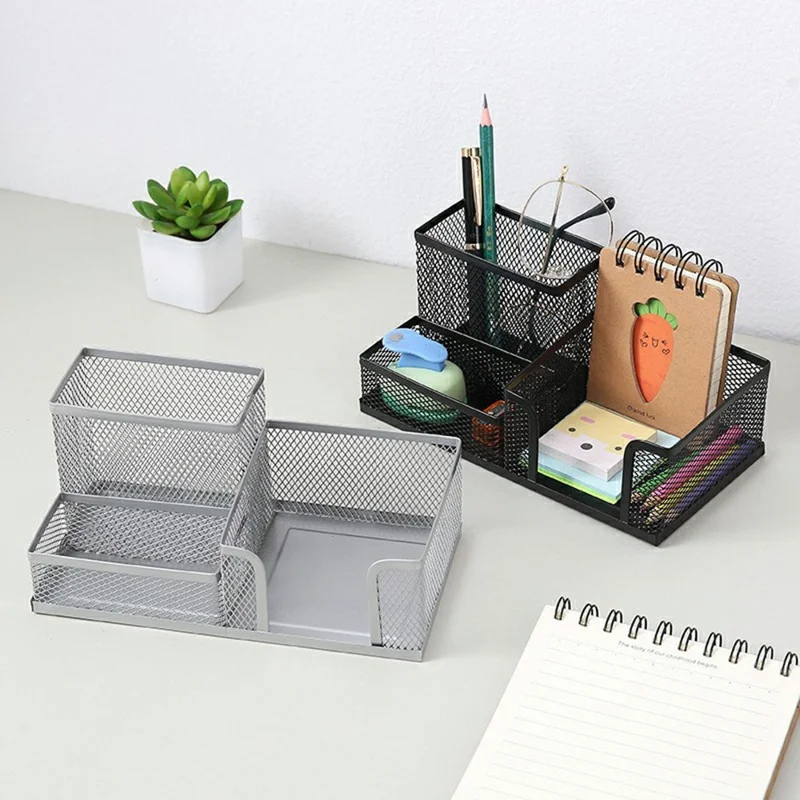 3 Compartments Metal Mesh Desk Organizer Pen Holder Multifunction Storage Box for Office Home School - Green