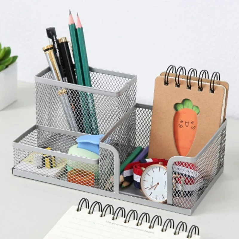 3 Compartments Metal Mesh Desk Organizer Pen Holder Multifunction Storage Box for Office Home School - Green