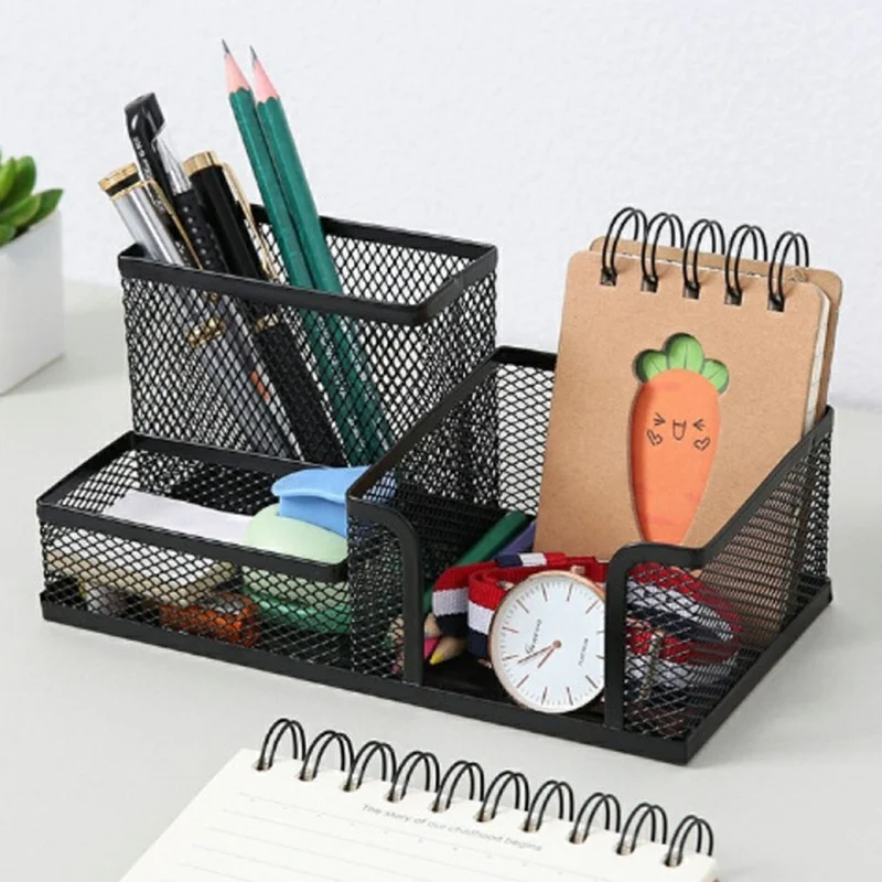 3 Compartments Metal Mesh Desk Organizer Pen Holder Multifunction Storage Box for Office Home School - Green