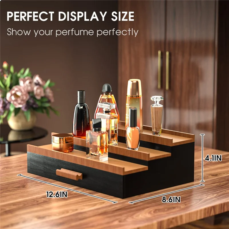 Wooden Perfume Organizer Vintage Style Desktop Storage Box with Drawer for Cologne Collection