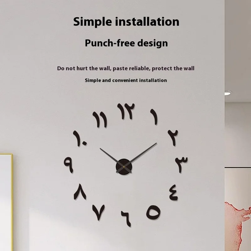 D-055 80 - 130cm Large Size Acrylic Mirror Surface Clock Drill Free 3D DIY Wall Clock Living Room Decor - Black