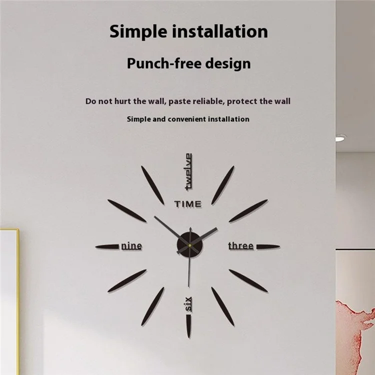 D-022 80 - 130cm Minimalistischer 3D DIY Wanduhr Selbstklebend Große Größe Acryl Spiegel Oberfläche Geräuschlose Uhr - Schwarz