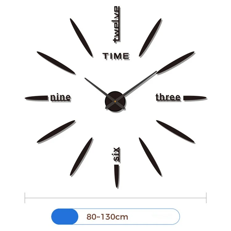 D-022 80 - 130cm Minimalistischer 3D DIY Wanduhr Selbstklebend Große Größe Acryl Spiegel Oberfläche Geräuschlose Uhr - Schwarz