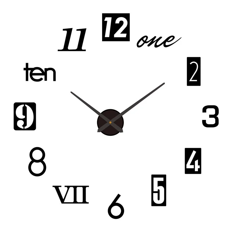 D-013 Creative Large Size Wall Clock 80 - 130cm DIY 3D Adhesive Acrylic Mirror Surface Silent Clock - Black