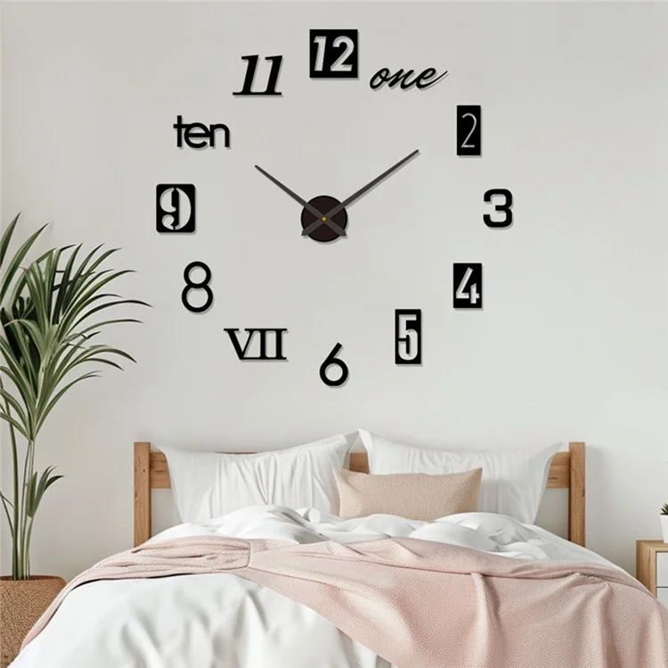 D-013 Creative Large Size Wall Clock 80 - 130cm DIY 3D Adhesive Acrylic Mirror Surface Silent Clock - Black