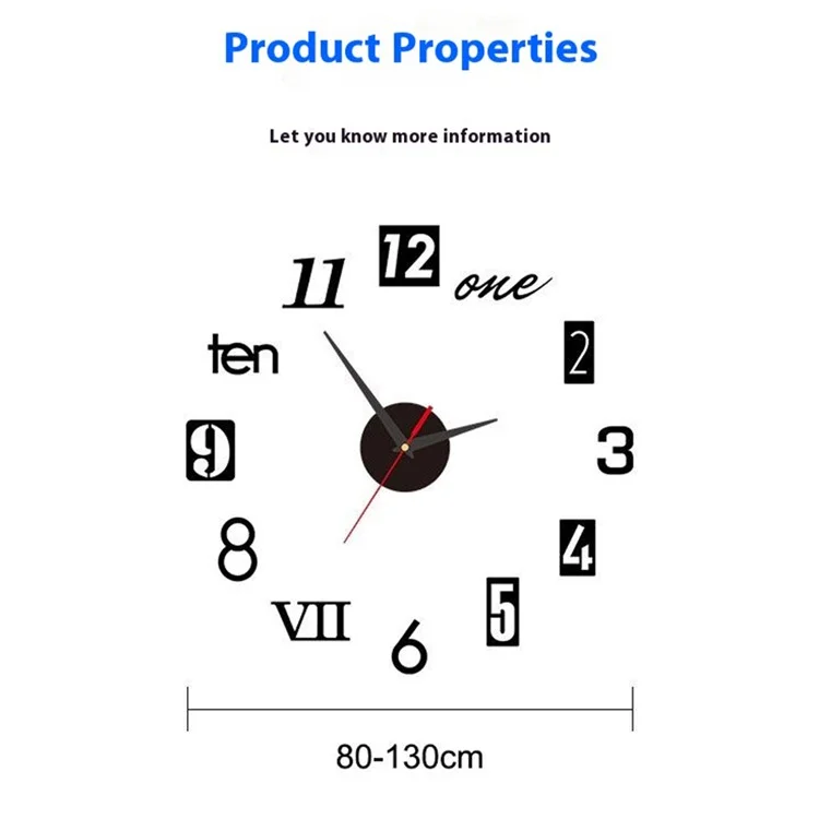 D-013 Creative Large Size Wall Clock 80 - 130cm DIY 3D Adhesive Acrylic Mirror Surface Silent Clock - Black