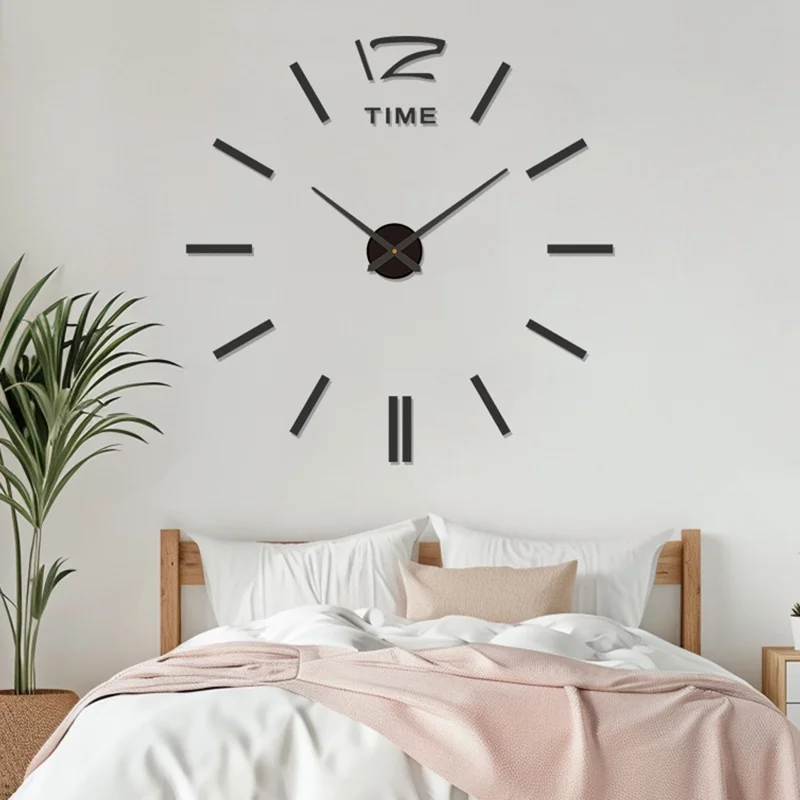 D-056 80 - 130cm Modern Large Size Wall Clock Silent 3D DIY Adhesive Acrylic Mirror Surface Clock - Black