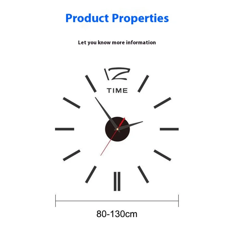 D-056 80 - 130cm Modern Large Size Wall Clock Silent 3D DIY Adhesive Acrylic Mirror Surface Clock - Black
