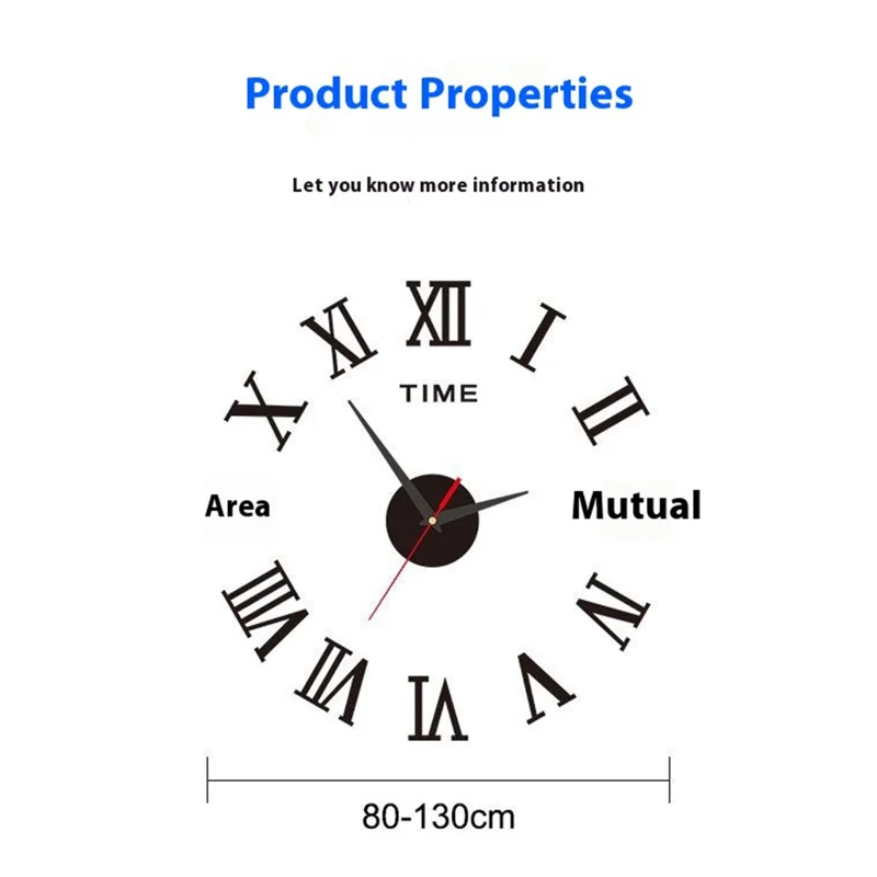 D-033 80 - 130cm Modern Large Size Acrylic Mirror Surface Clock Silent 3D DIY Adhesive Wall Clock - Black