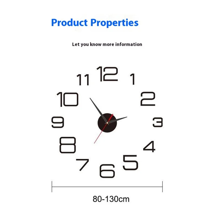 D-011 80 - 130cm 3D Arabic Numerals DIY Wall Clock Self Adhesive Large Size Acrylic Mirror Surface Silent Clock - Black