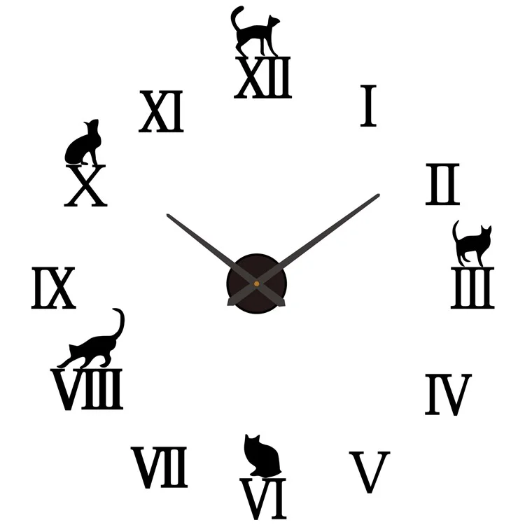D-031 80 - 130cm 3D Roman Numerals and Cat DIY Wall Clock Self Adhesive Large Size Acrylic Mirror Surface Silent Clock - Black