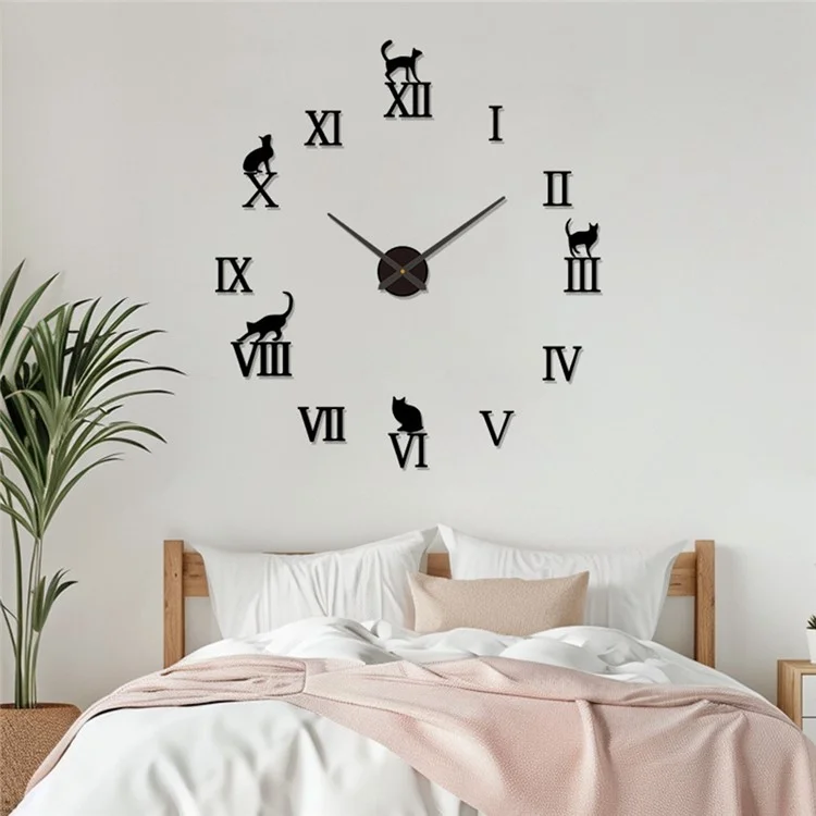 D-031 80 - 130cm 3D Roman Numerals and Cat DIY Wall Clock Self Adhesive Large Size Acrylic Mirror Surface Silent Clock - Black