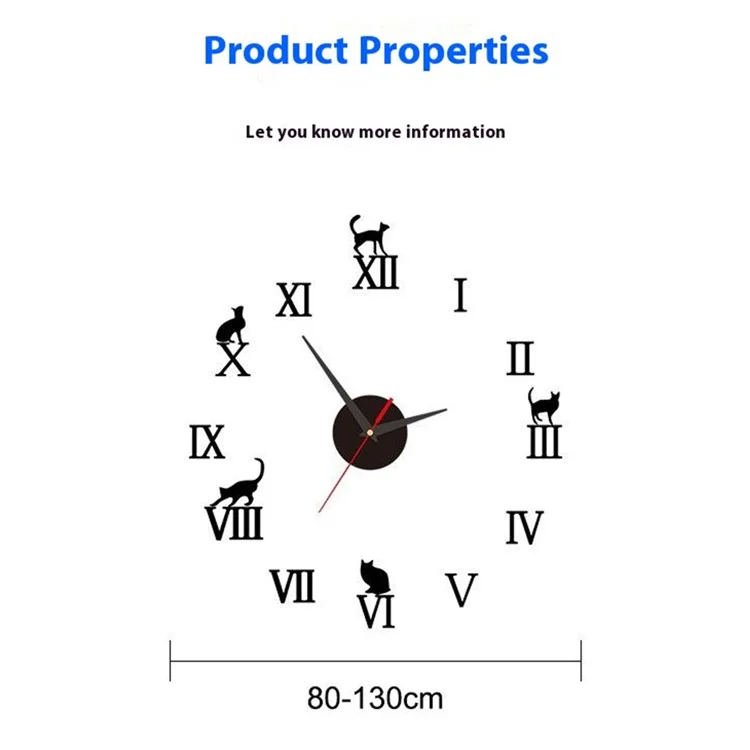 D-031 80 - 130cm 3D Roman Numerals and Cat DIY Wall Clock Self Adhesive Large Size Acrylic Mirror Surface Silent Clock - Black