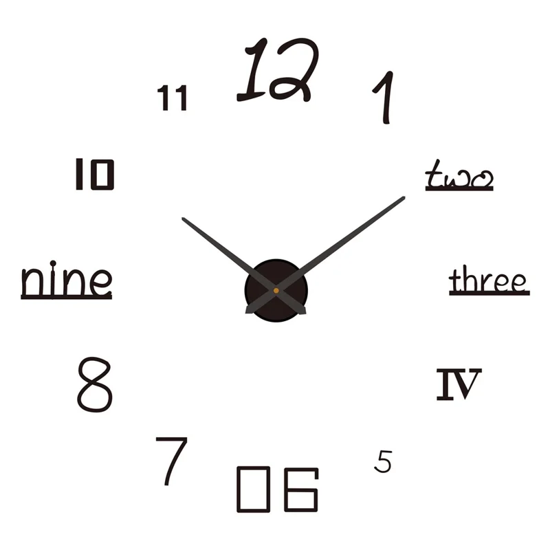 D-065 80 - 130cm Creative 3D DIY Wall Clock Self Adhesive Large Size Acrylic Mirror Surface Silent Clock - Black