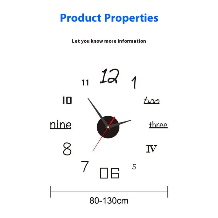 D-065 80 - 130cm Creative 3D DIY Wall Clock Self Adhesive Large Size Acrylic Mirror Surface Silent Clock - Black