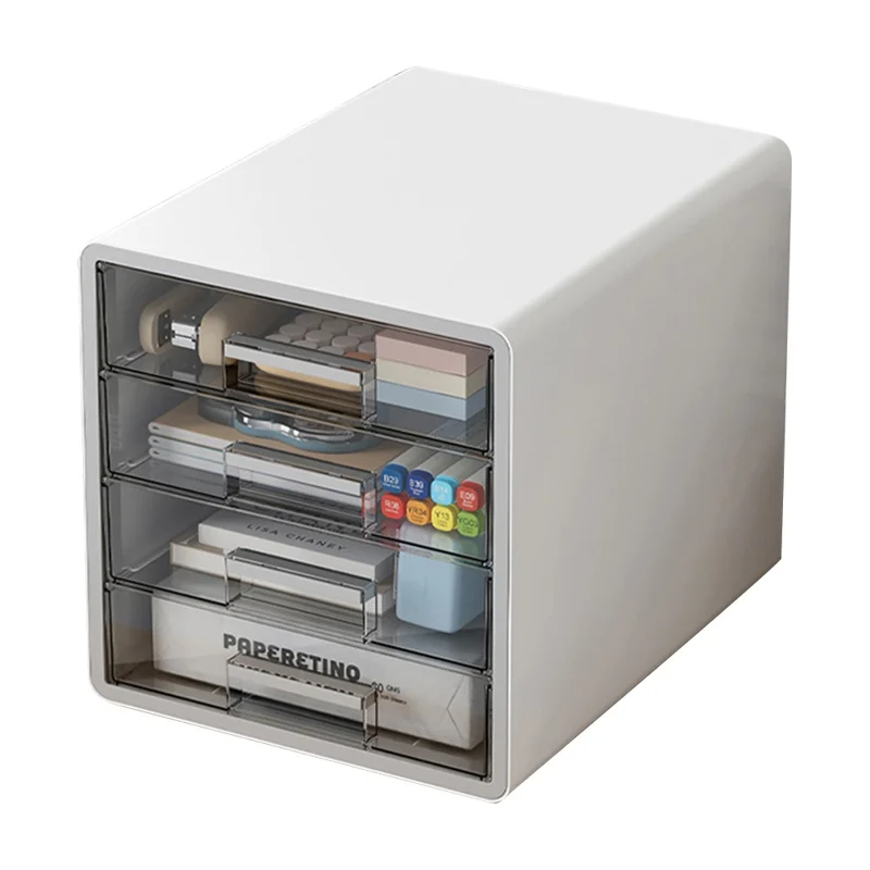 Drawer Style Desktop Organizer 4-Tier Clear File Cabinet A4 Documents Workspace Storage Box for Office / Home