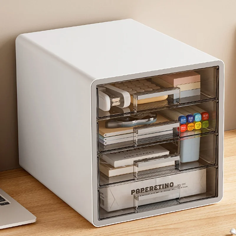 Drawer Style Desktop Organizer 4-Tier Clear File Cabinet A4 Documents Workspace Storage Box for Office / Home