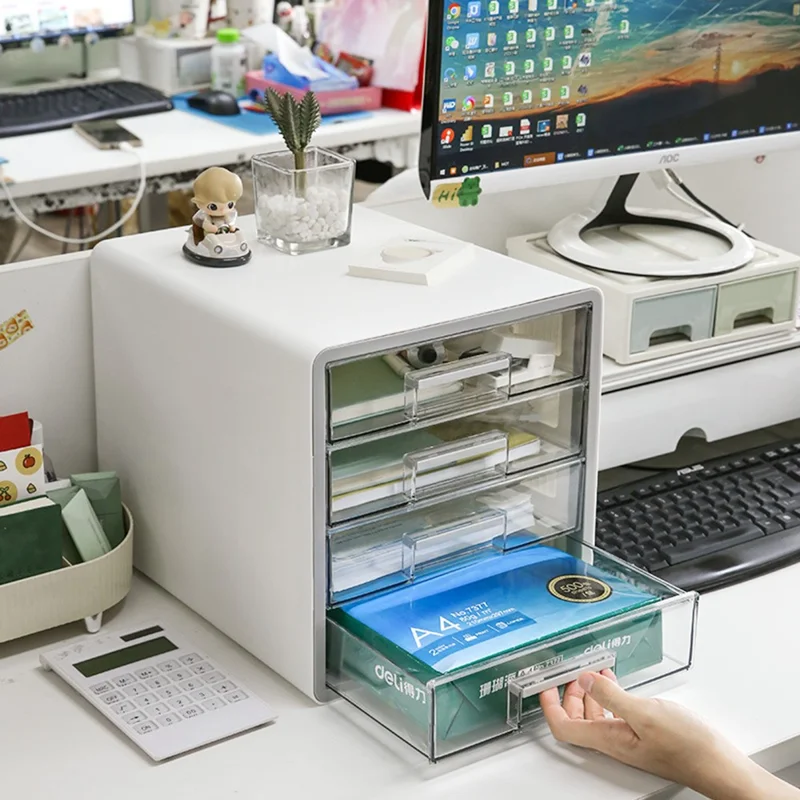 Drawer Style Desktop Organizer 4-Tier Clear File Cabinet A4 Documents Workspace Storage Box for Office / Home
