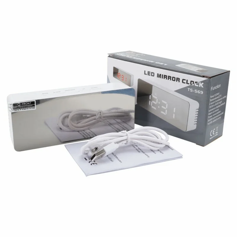 TS-S69 LED Digital Display Multifunction Clock Desk Makeup Mirror Alarm Clock with Temperature - White+White