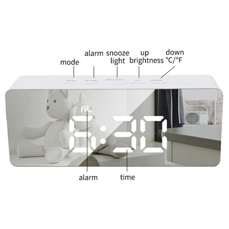TS-S69 LED Digital Display Multifunction Clock Desk Makeup Mirror Alarm Clock with Temperature - White+White