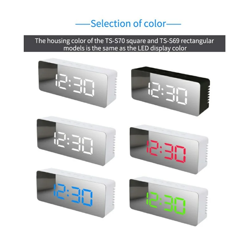TS-S69 LED Digital Display Multifunction Clock Desk Makeup Mirror Alarm Clock with Temperature - White+White