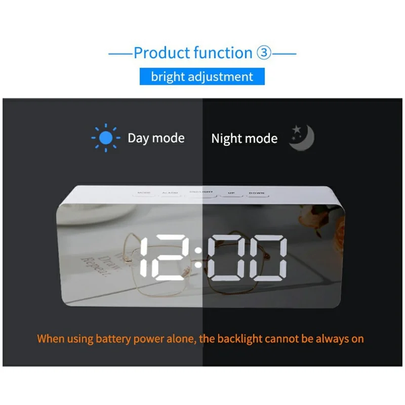 TS-S69 LED Digital Display Multifunction Clock Desk Makeup Mirror Alarm Clock with Temperature - White+White