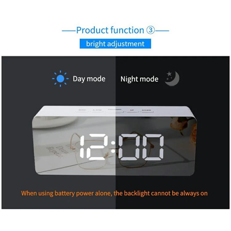 TS-S69 LED Digital Display Multifunction Clock Desk Makeup Mirror Alarm Clock with Temperature - Black+White