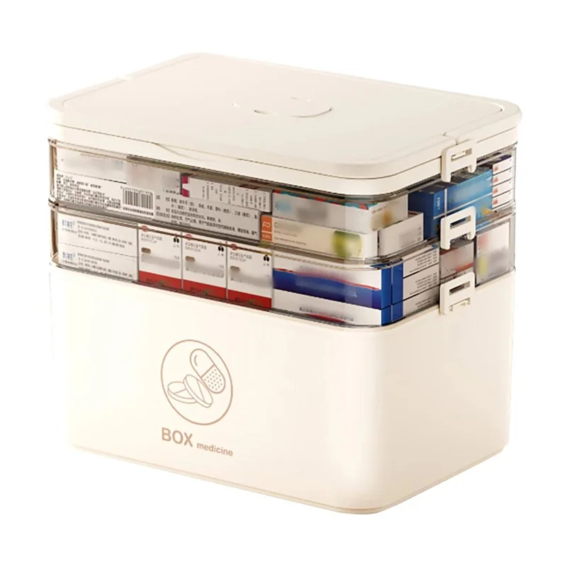 1672 Large 3-Layer Plastic Medicine Storage Box Multi-Compartment Organizer with Handle - Beige