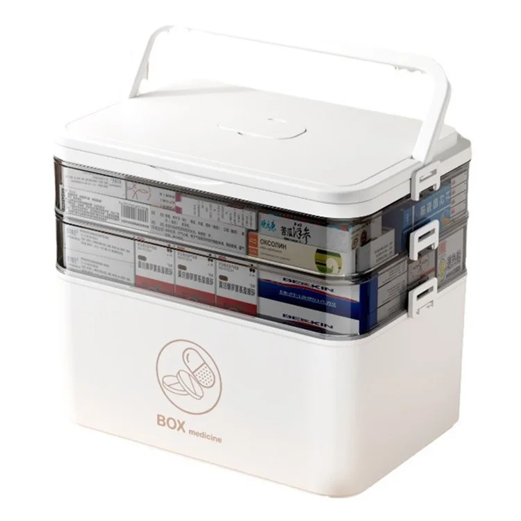 1672 Large 3-Layer Plastic Medicine Storage Box Multi-Compartment Organizer with Handle - White