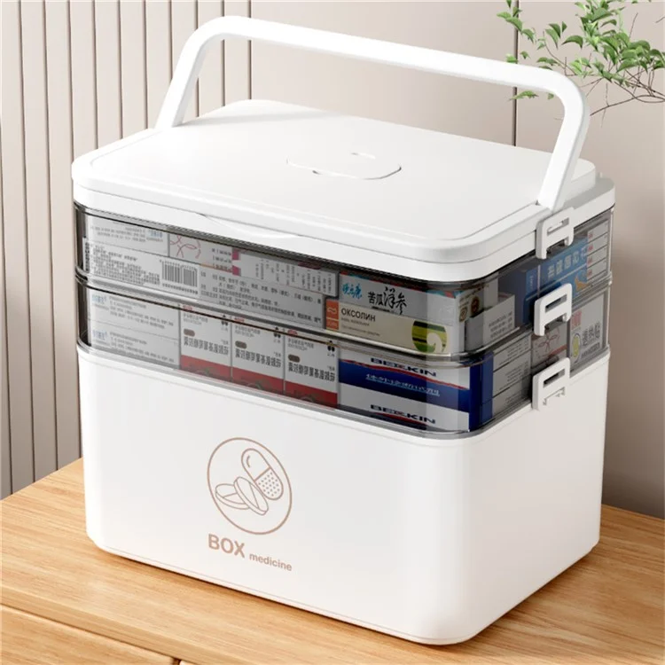 1672 Large 3-Layer Plastic Medicine Storage Box Multi-Compartment Organizer with Handle - White