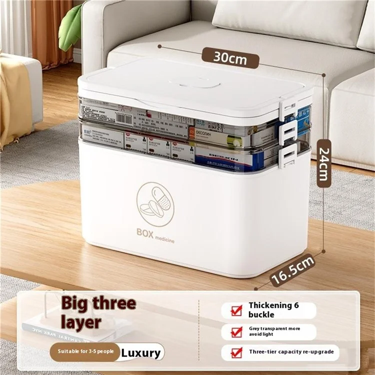 1672 Large 3-Layer Plastic Medicine Storage Box Multi-Compartment Organizer with Handle - White